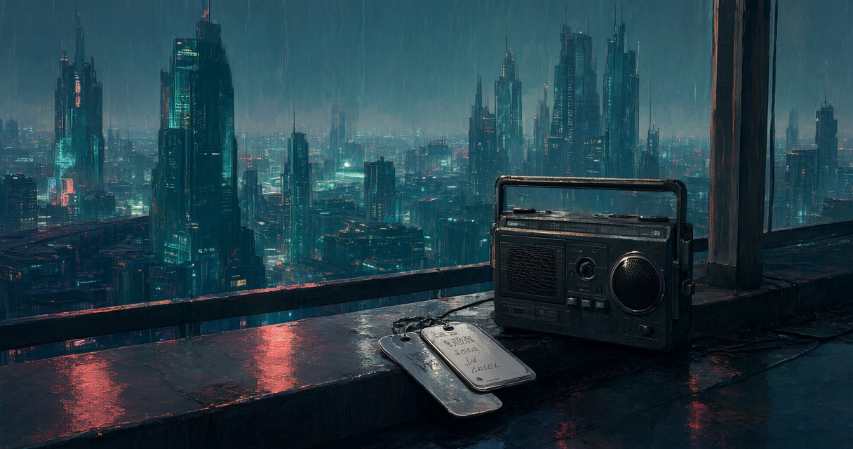 A radio and metal tags rest on a ledge above an original rain-lit futuristic city.